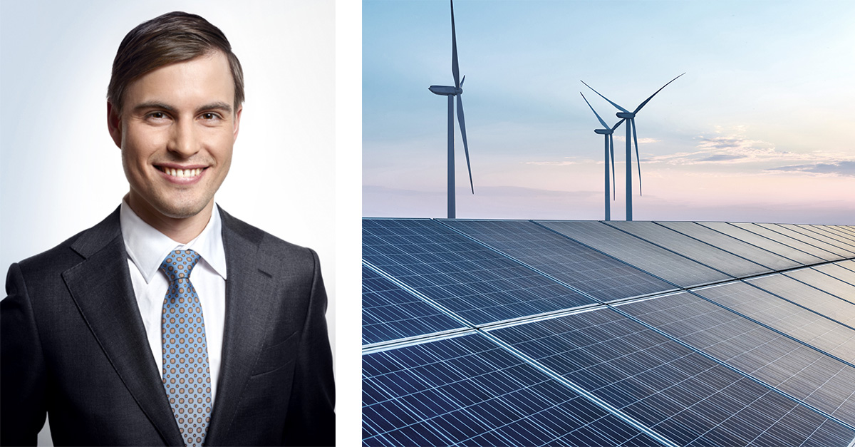 Vindkraft, solenergi och porträtt med leende man