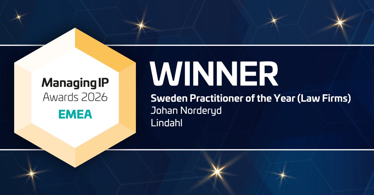 Grafisk bild med texten Winner Sweden Practitioner of the Year (Law Firms) Johan Norderyd Lindahl